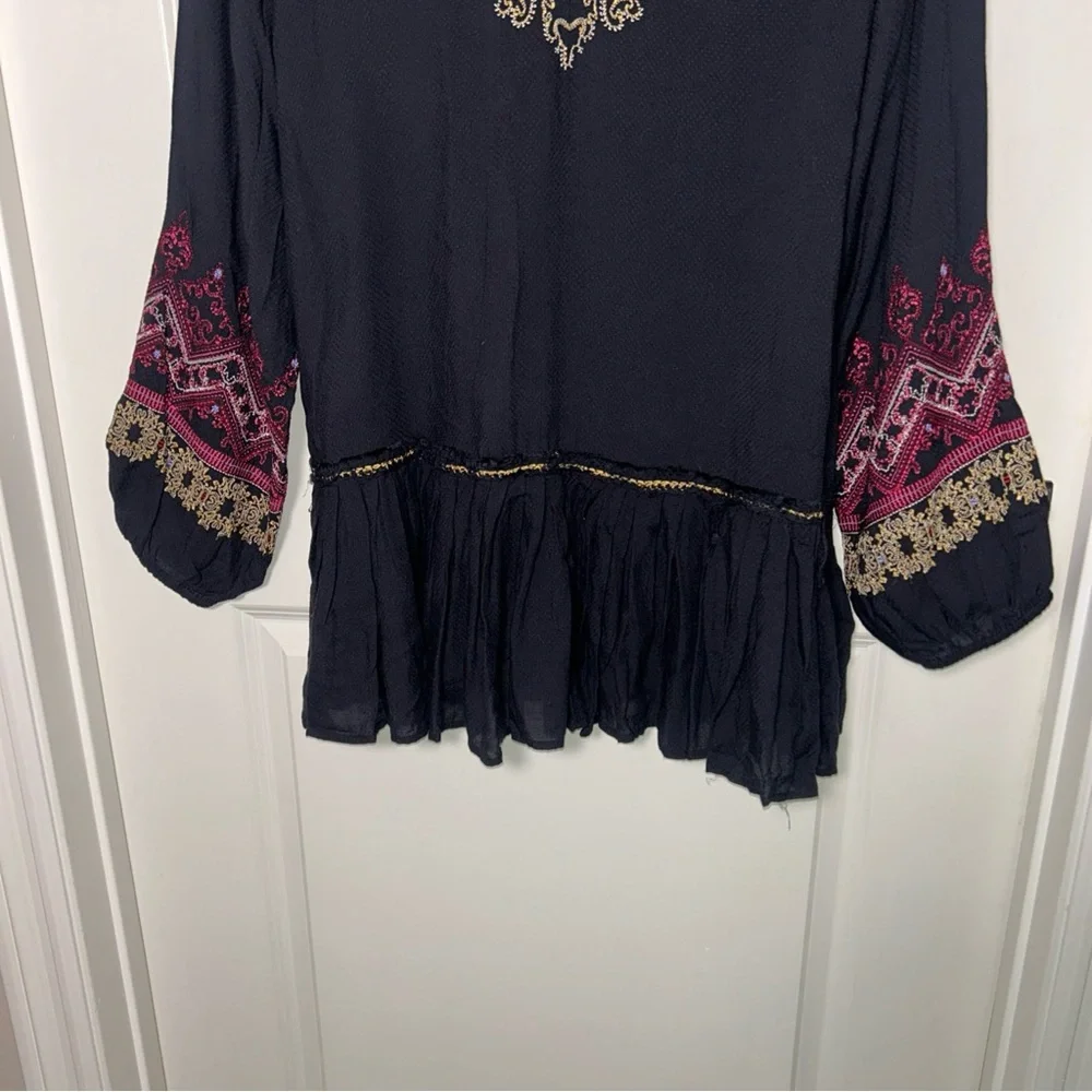 Free People Wild One Embroidered Mini Dress Long Sleeve V-Neck Black Sz XS Boho